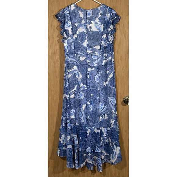 Tommy Hilfiger Women's Sz 14 Midi Dress Blue Paisley Flutter Sleeve Tiered Boho - Picture 2 of 6